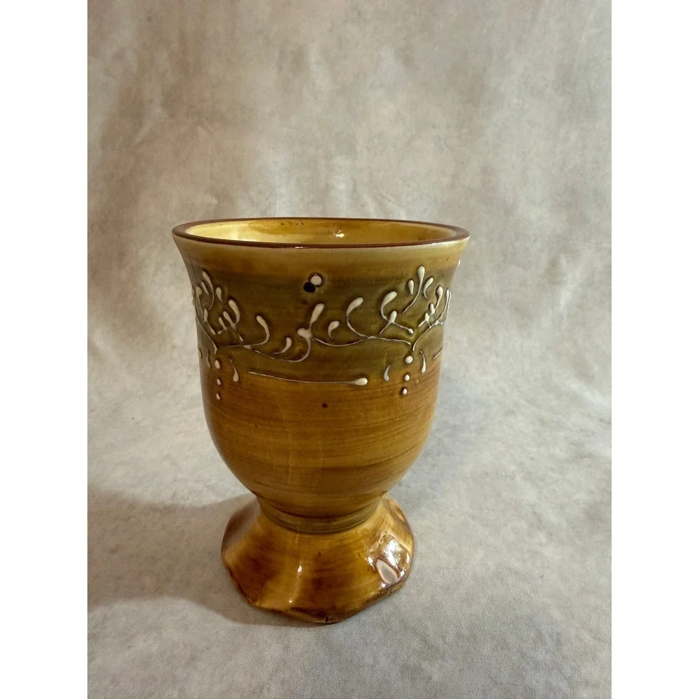 Pier 1 P1 Ceramic Pedestal Mug Brown Glazed Scrollwork‎ Footed Coffee Cup